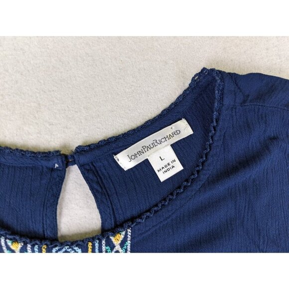 John Paul Richard Women's Top Size Large Blue Embroidered Peasant Boho Cut-Outs - Picture 6 of 14